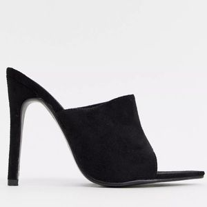 Prettylittlething Black Suede Mule Peep Toe Pointed Toe Heels